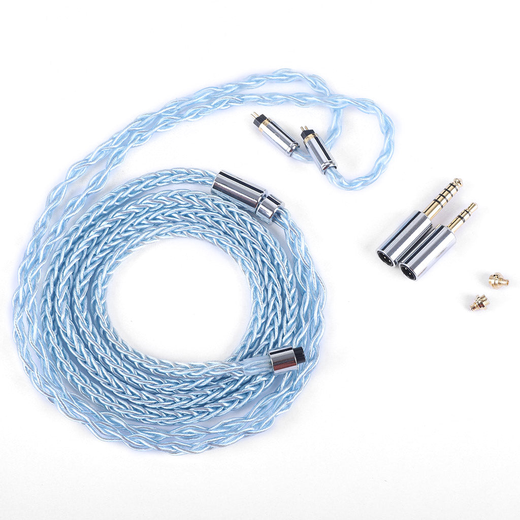 Full view of AUDIOCULAR C16 IEM Cable with silver-plated 8-core braid and included connectors for customizable audio configurations.