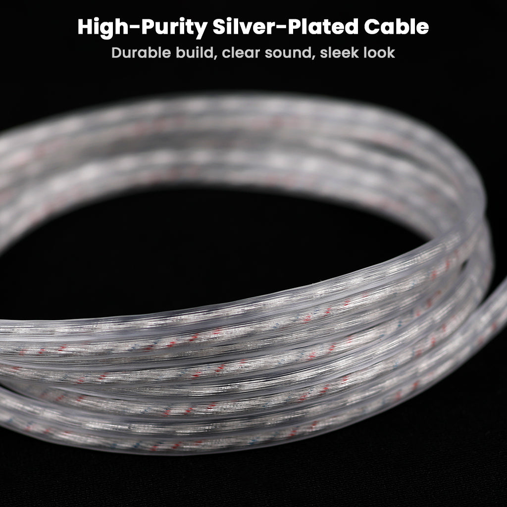 Close-up of AUDIOCULAR - RC1 high-purity silver-plated cable, designed for clear audio transmission and a sleek, durable finish.