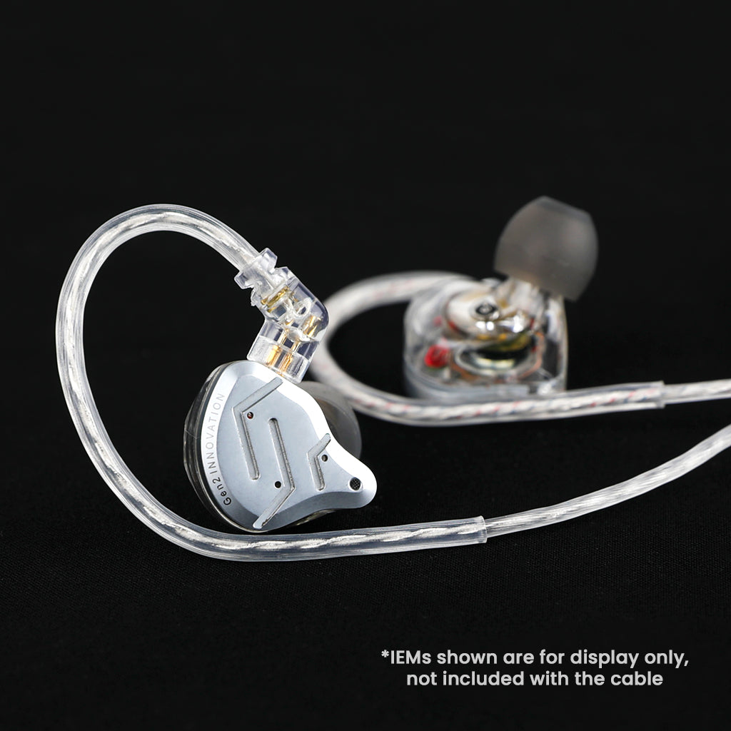 AUDIOCULAR - RC1 Silver-Plated Cable connected to KZ IEMs, showcasing compatibility and ergonomic over-ear fit for immersive sound.