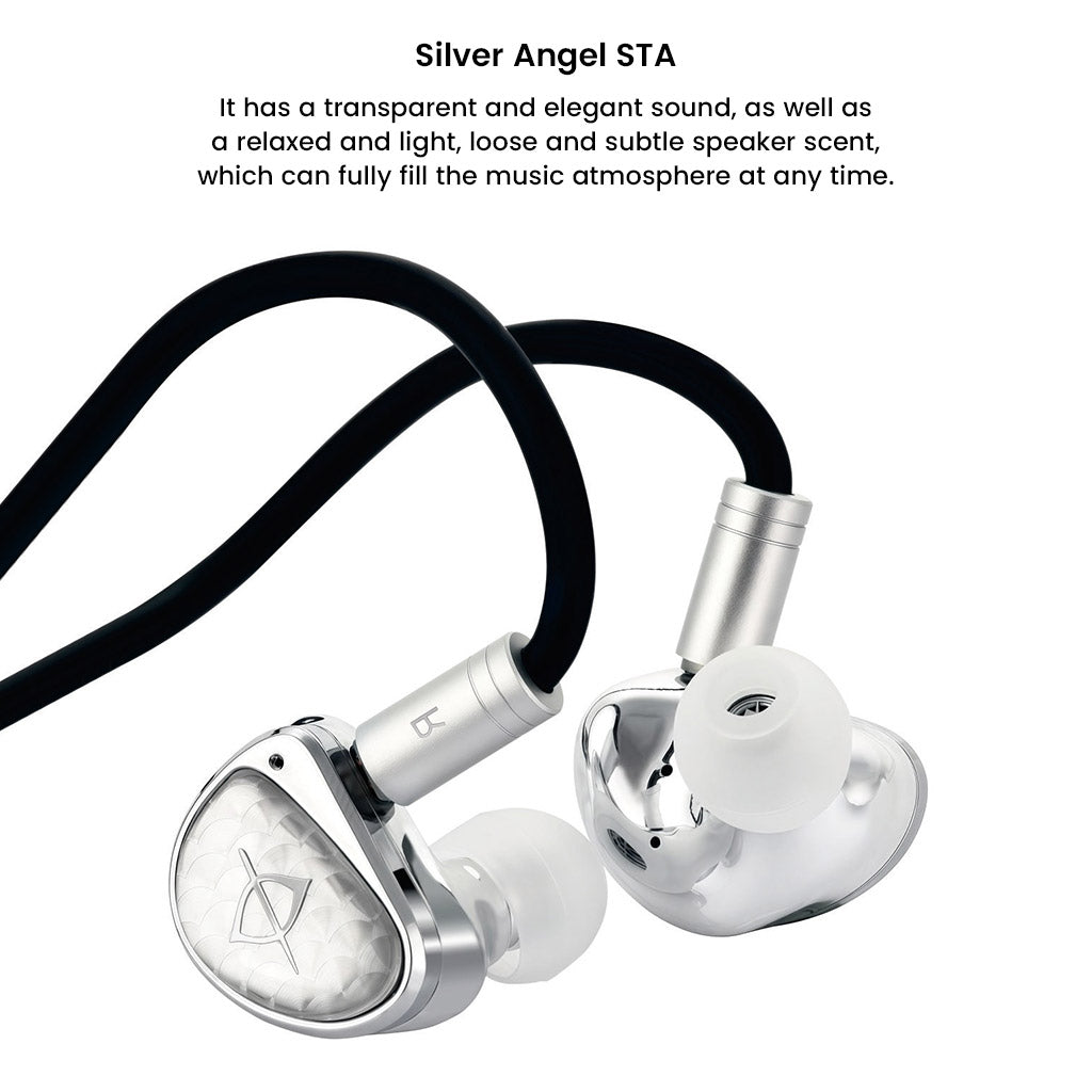 Silver Angel STA IEM with black cable, designed for elegant sound and subtle speaker scent to enhance music atmosphere.