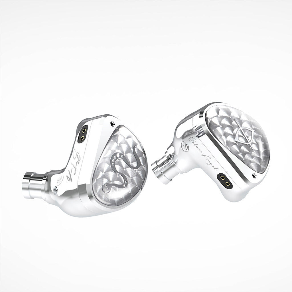 EARACOUSTIC AUDIO- STA-Hi End Dual Dynamic Driver IEM in silver with engraved snake design, showcasing premium build and dual pin connector.