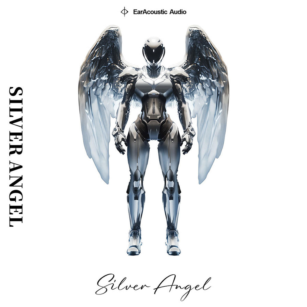 Futuristic Silver Angel illustration representing the limited edition STA IEM series by EarAcoustic Audio with angelic robot design.