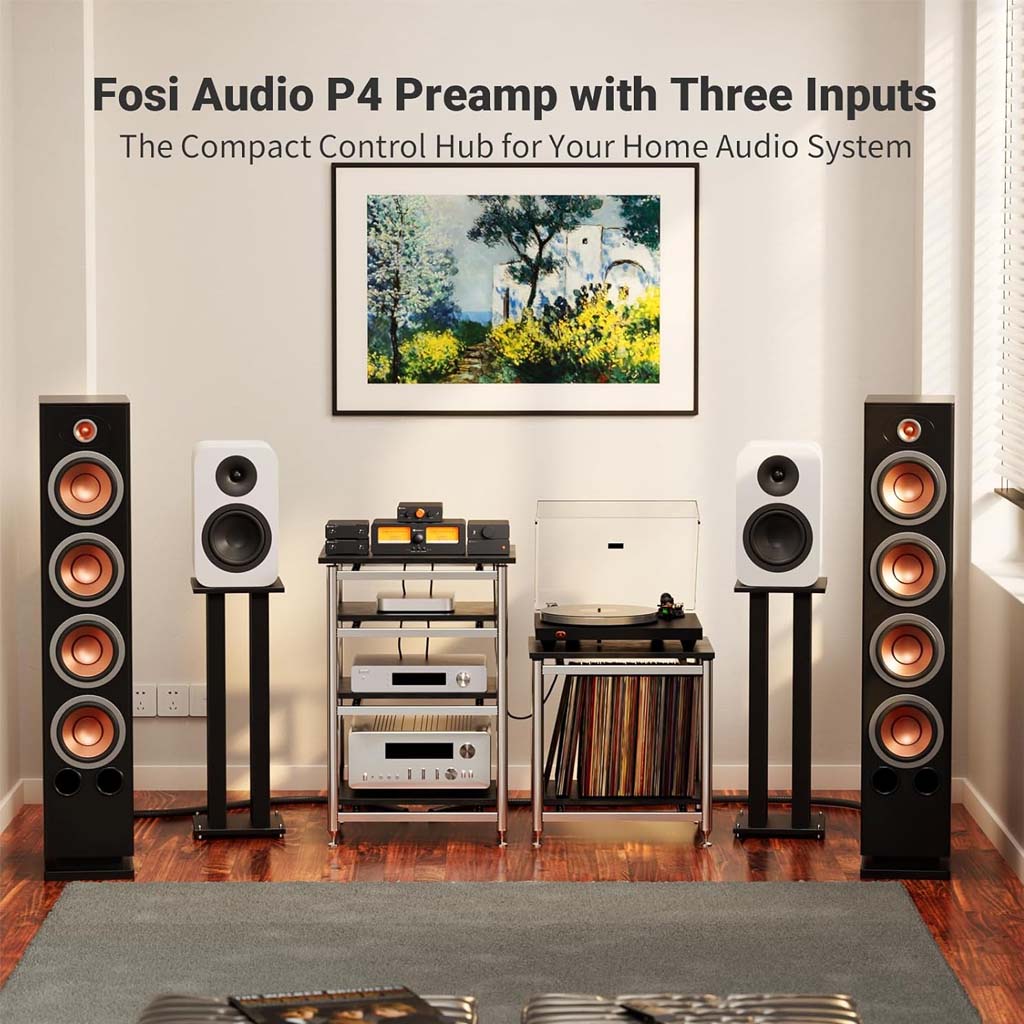 Fosi Audio-P4 Mini Preamp - Headphone Amplifier featured in a high-end home audio system with three input sources and multiple speaker configurations.