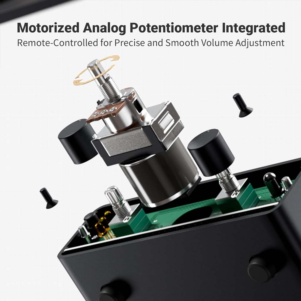 Exploded view of Fosi Audio-P4 Mini Preamp - Headphone Amplifier showing motorized analog potentiometer for precise remote-controlled volume adjustment.