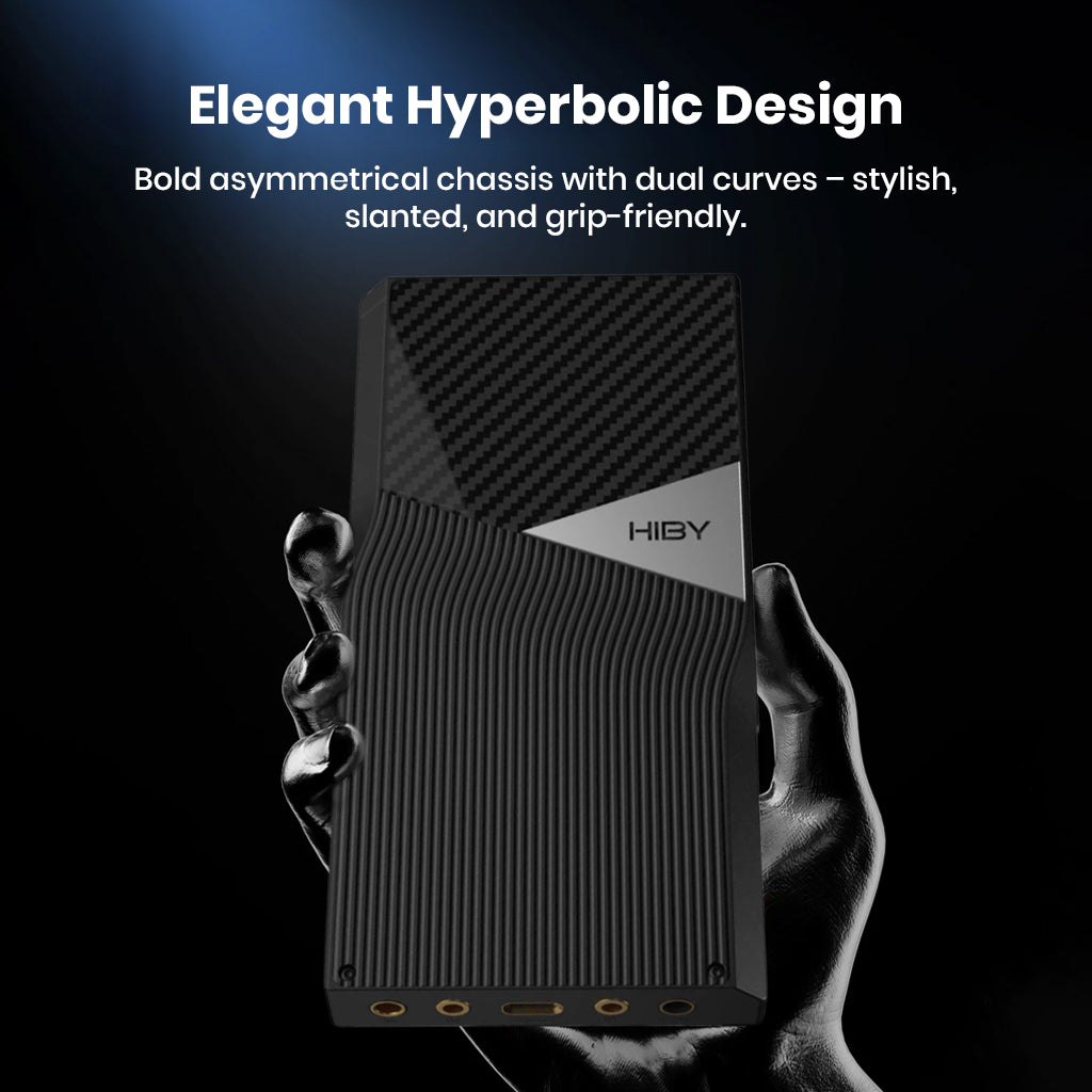 HiBy R6 Pro II showcases an elegant hyperbolic design with dual curves and carbon fiber texture for a stylish, ergonomic grip.