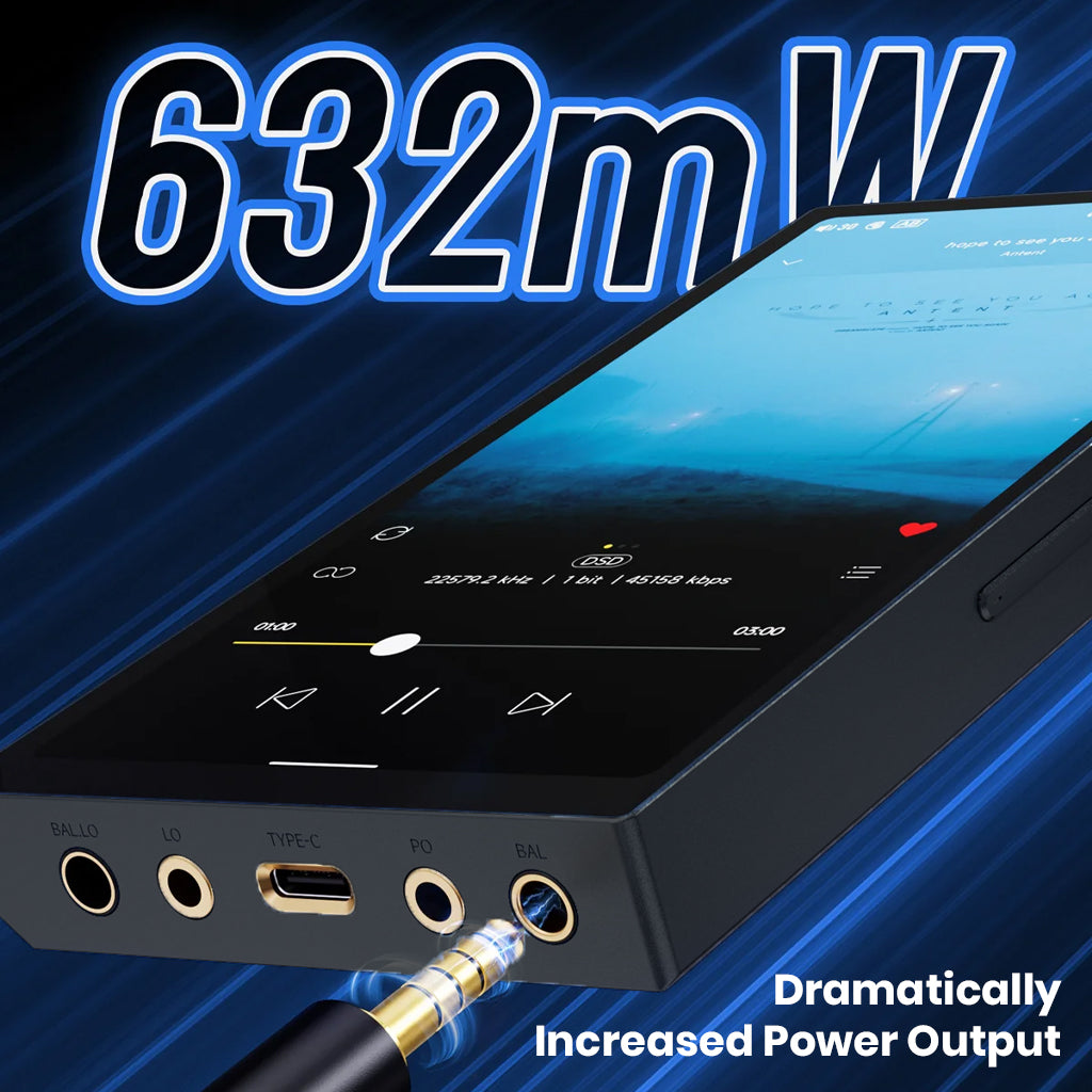 HiBy R6 Pro II delivers 632mW output power, showcasing its high-performance audio jack and playback interface for audiophile-grade sound.