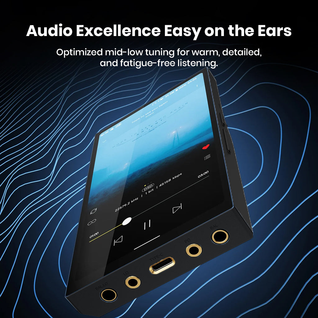 HiBy R6 Pro II optimized for warm, detailed audio with fatigue-free listening, shown with multiple audio ports and playback screen.