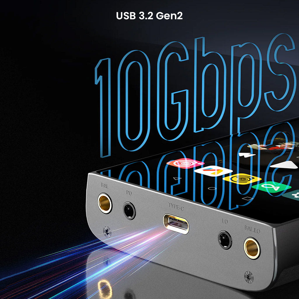 HiBy R8 II Gen 2 features USB 3.2 Gen2 Type-C port with 10Gbps transfer speed for fast data syncing and high-speed audio transfer.