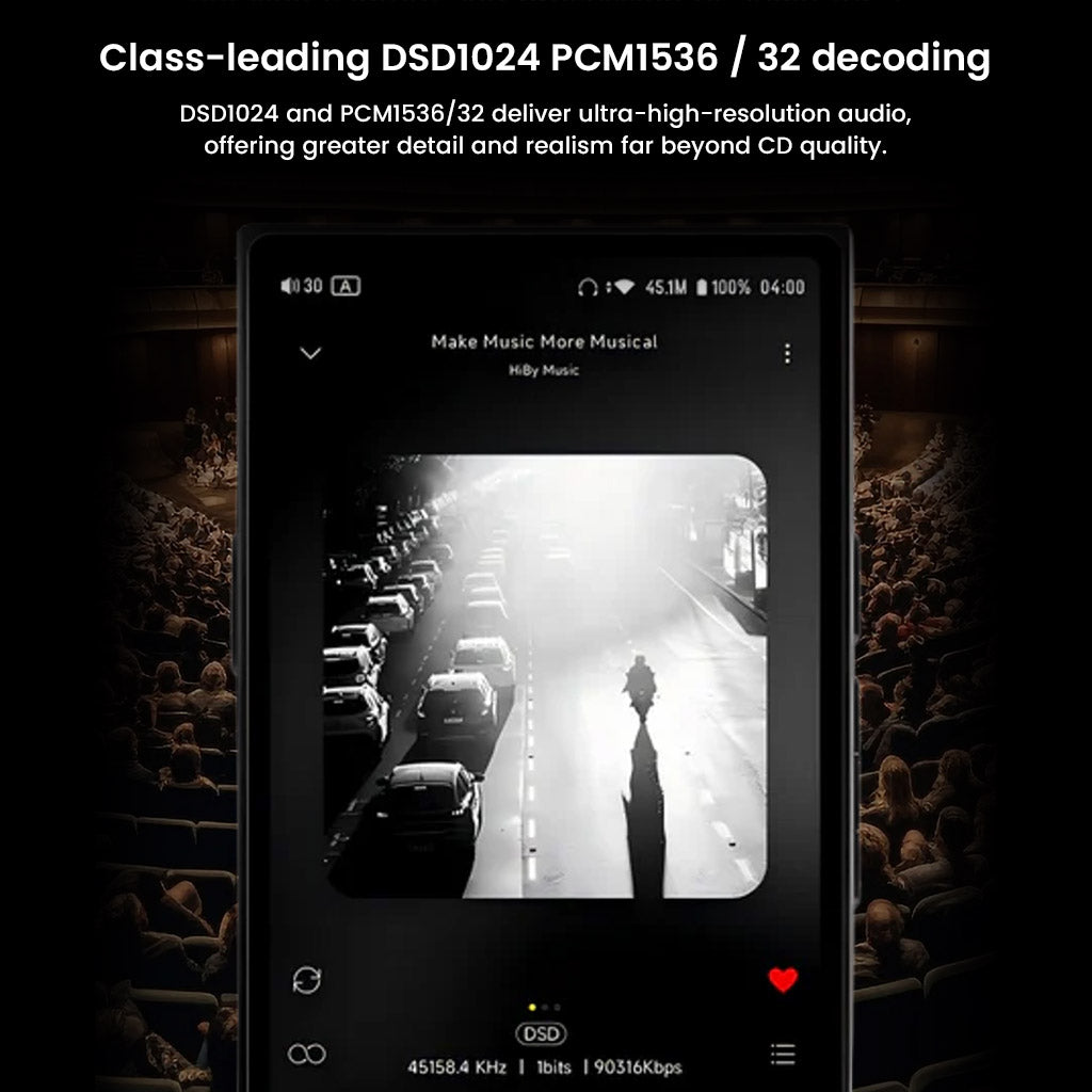 HiBy R8 II Gen 2 supports DSD1024 and PCM1536/32 decoding, offering ultra-high-resolution audio playback beyond CD quality.