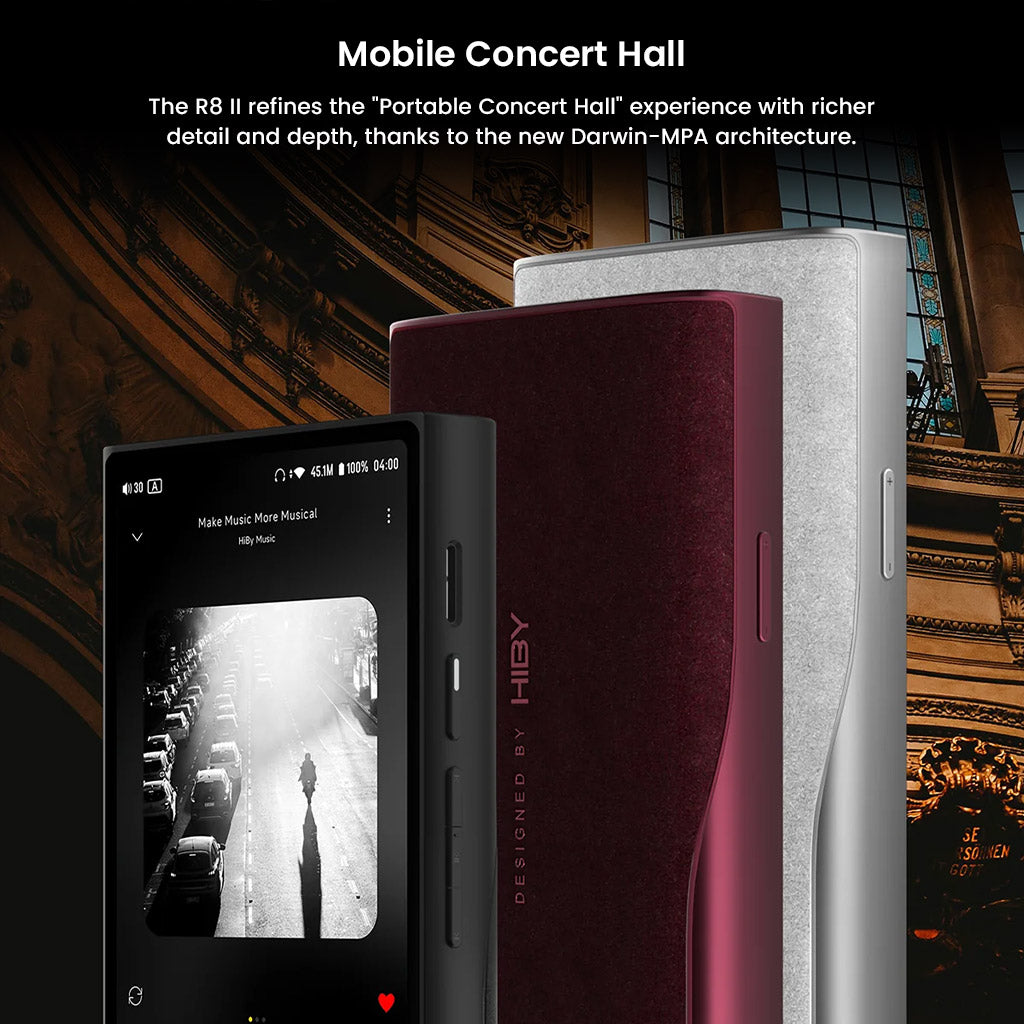 HiBy R8 II Gen 2 aluminum body in various finishes, designed to deliver a mobile concert hall experience with Darwin-MPA architecture.