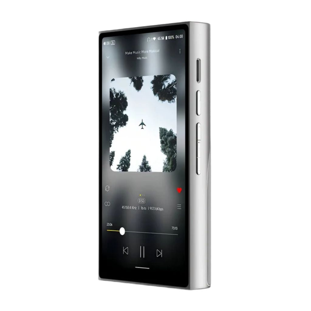 HiBy R8 II Gen 2 Digital Audio Player in silver aluminum finish displaying music interface, combining sleek design with high-resolution audio output.