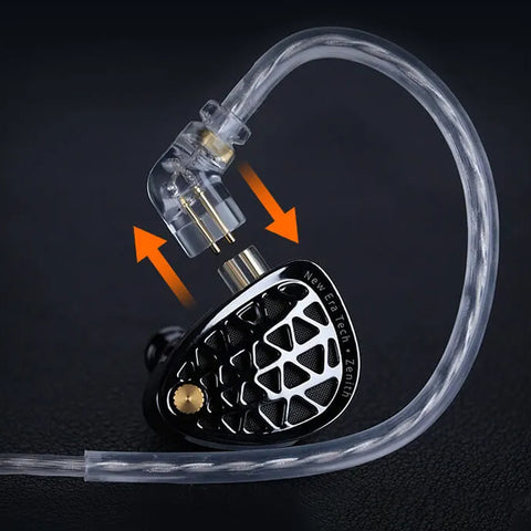 KZ M2 Upgrade Cable connected to detachable earphones, showing secure 0.75mm pin fit for audiophile-grade performance and comfort.