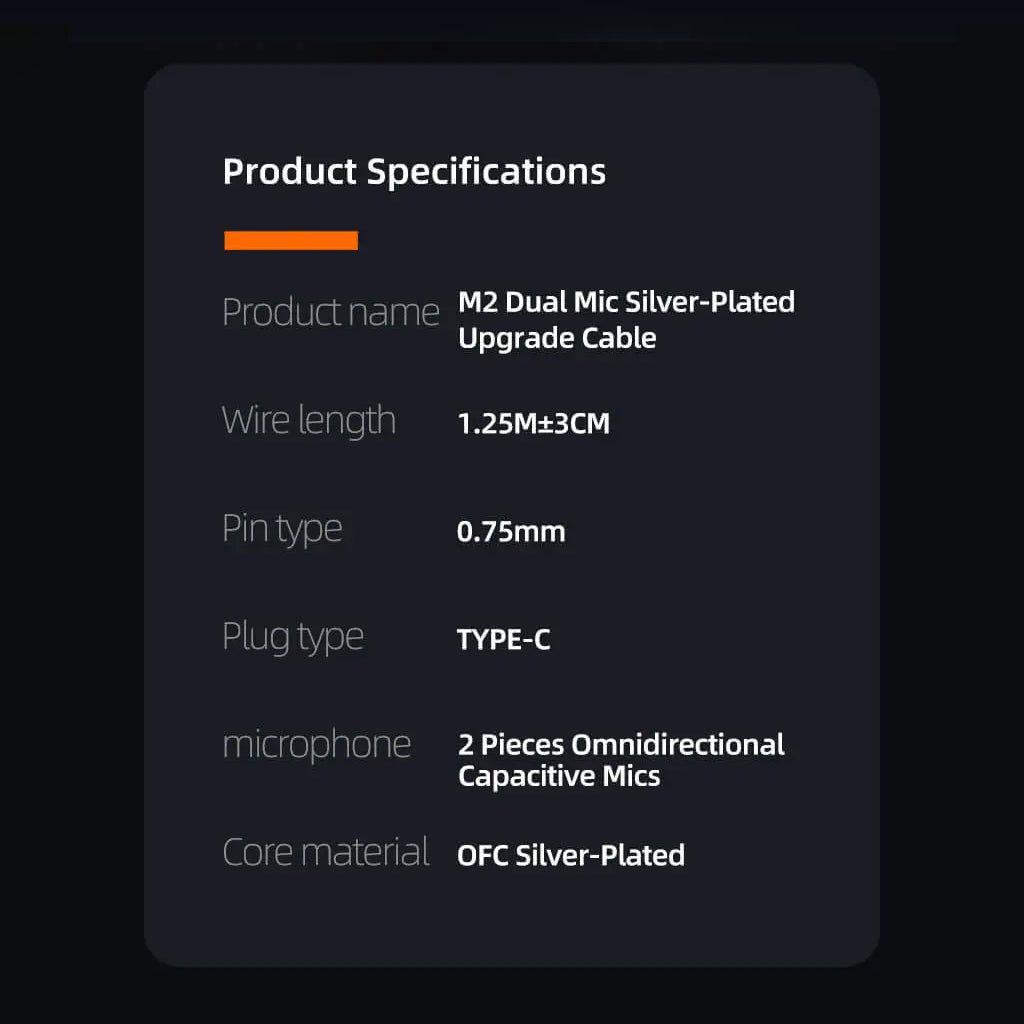 KZ M2 Cable with Mic - Upgrade Audio | 3.5mm & Type-C, product specs include 1.25m length, 0.75mm pin, Type-C plug, and silver-plated core.