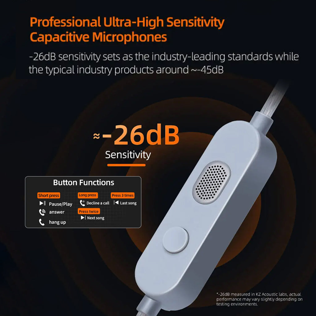 KZ M2 Cable with Mic - Upgrade Audio | 3.5mm & Type-C, features ultra-sensitive capacitive microphones with -26dB sensitivity for clear audio.