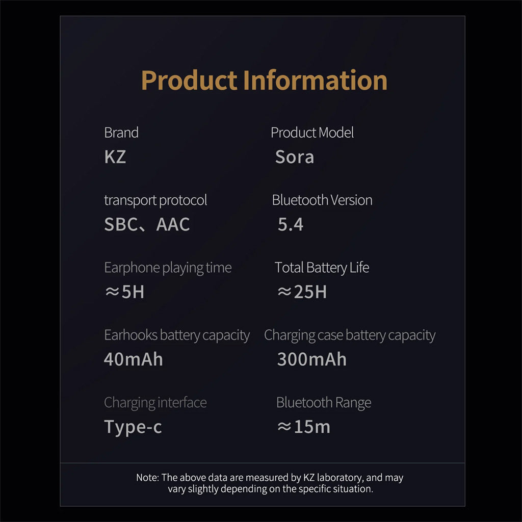Detailed product information chart for KZ Sora V5.4 TWS Earbuds, highlighting specs like Bluetooth 5.4, 25h battery life, and SBC/AAC support.