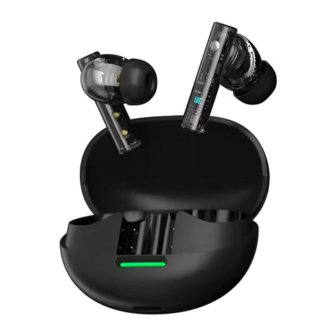 KZ Sora V5.4 TWS Earbuds with transparent design and charging case, featuring Bluetooth 5.4 and HiFi sound for music, gaming, and calls.