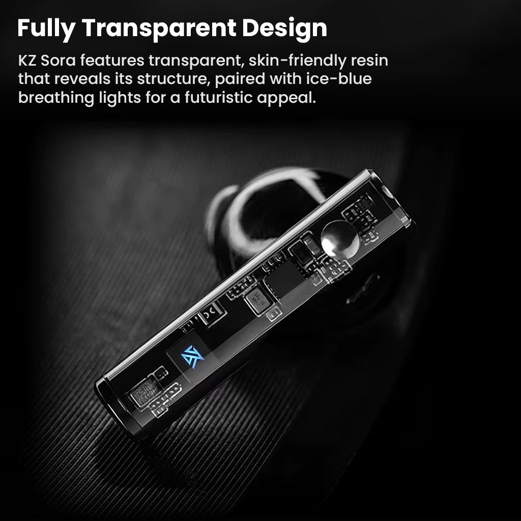 Close-up of KZ Sora V5.4 TWS Earbuds' fully transparent design with skin-friendly resin and futuristic ice-blue breathing lights.