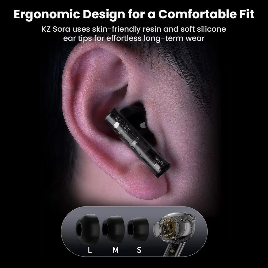 KZ Sora V5.4 TWS Earbuds ergonomic design shown in-ear with soft silicone tips for comfortable, long-term wear.