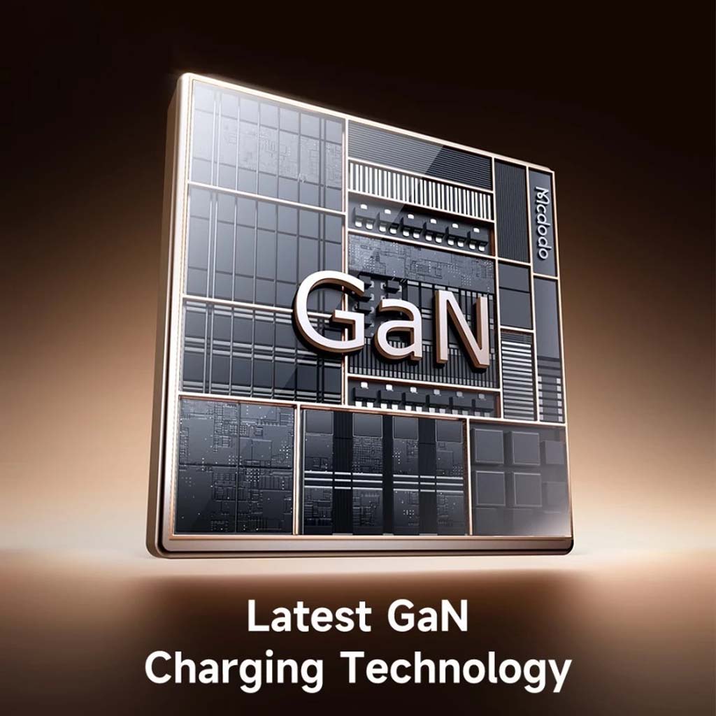 Close-up of Mcdodo GaN chip highlighting advanced GaN charging technology for efficient power conversion.