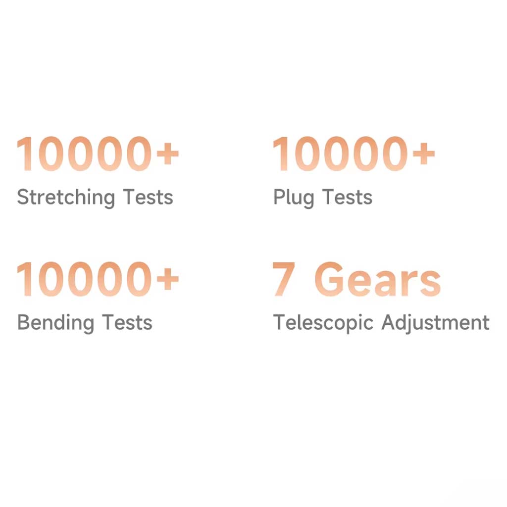 Mcdodo charger durability test results showing 10,000+ stretching, plug, and bending tests with 7-level cable adjustment.