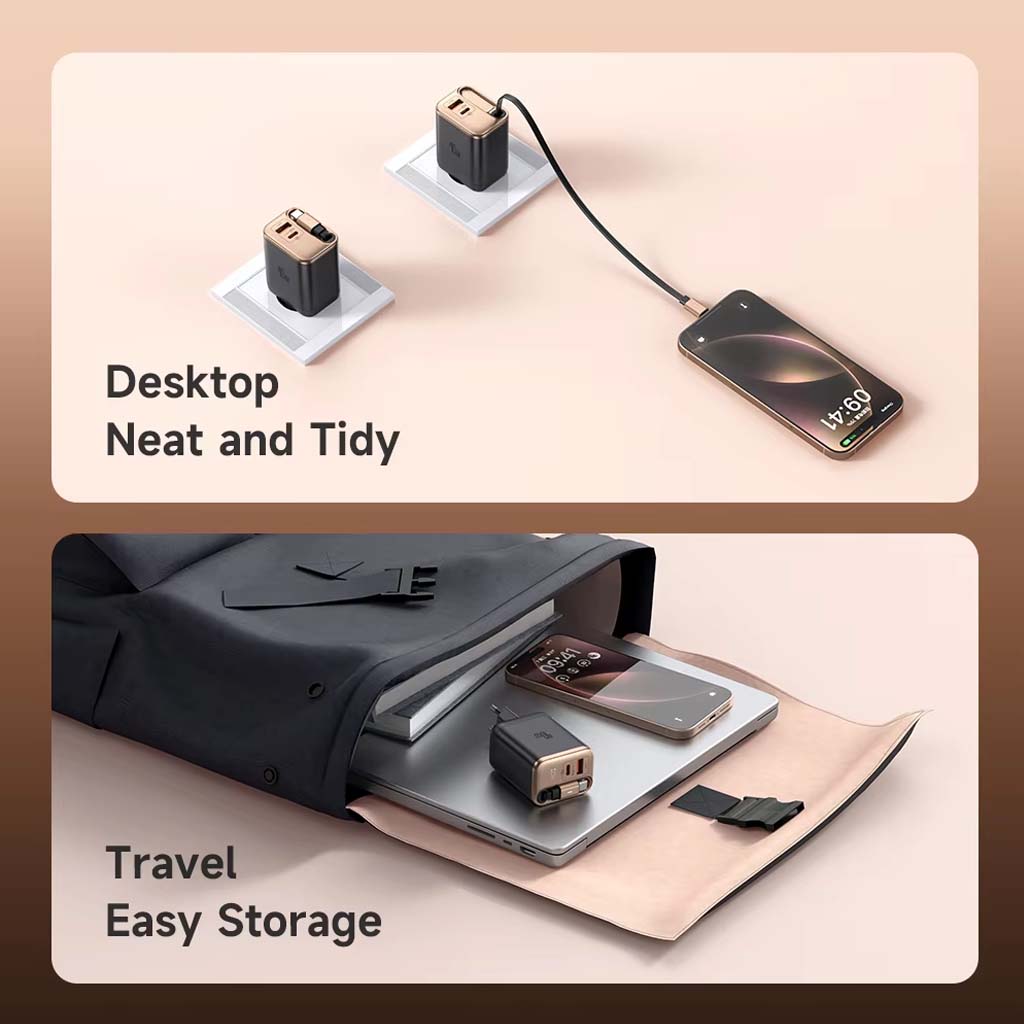 Mcdodo 40W GaN Charger shown in desktop and travel settings, emphasizing neat cable management and portability.