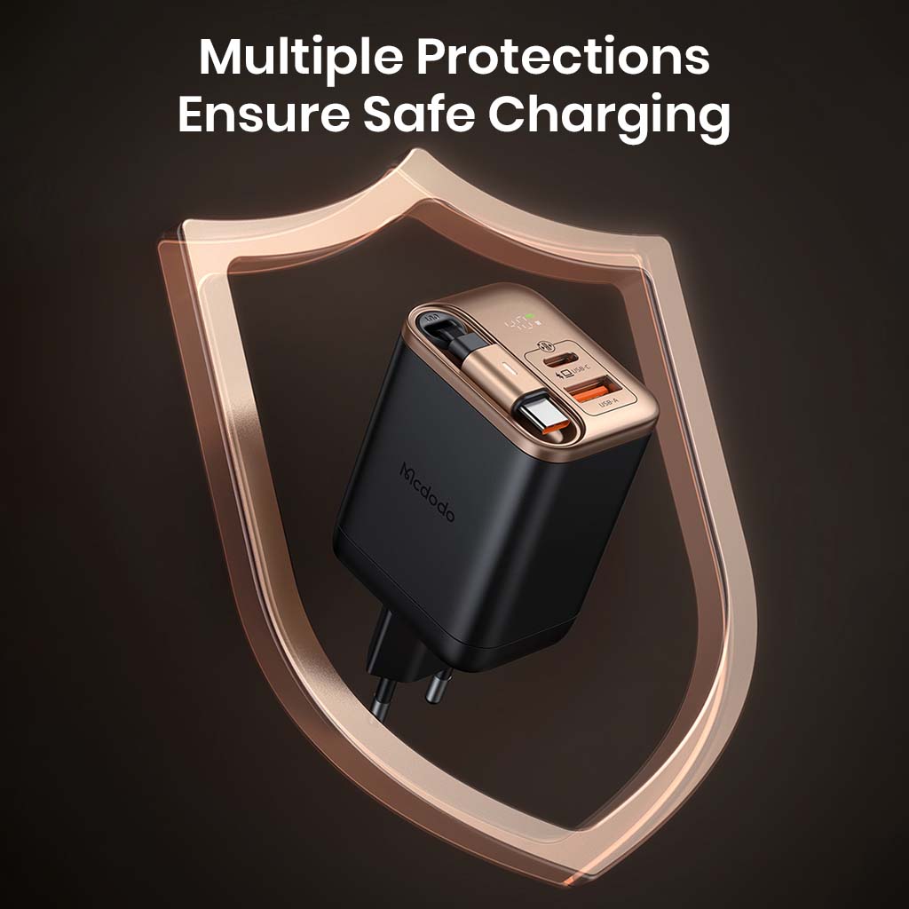 Mcdodo GaN Charger with safety shield graphic, highlighting multiple protection features for safe charging.