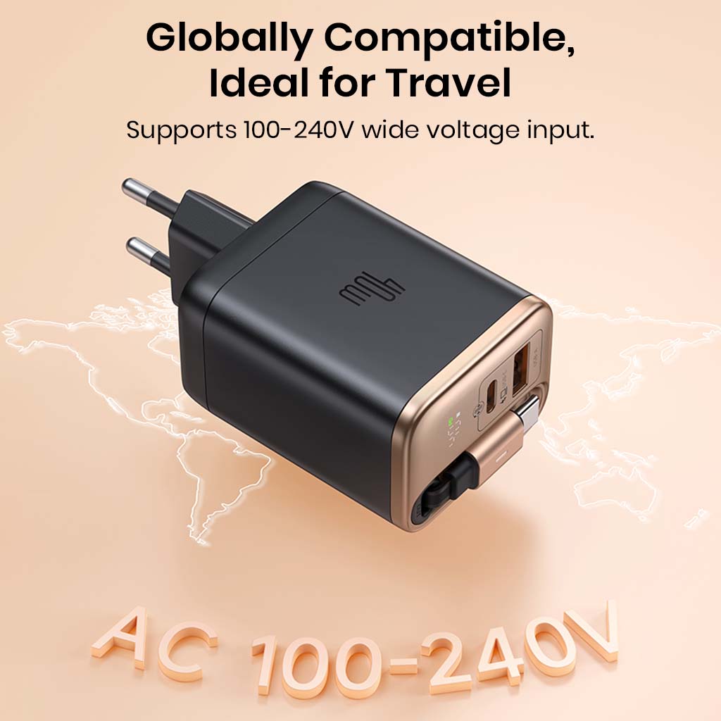 Mcdodo 40W PD GaN Charger with global voltage support from 100–240V, ideal for international travel use.