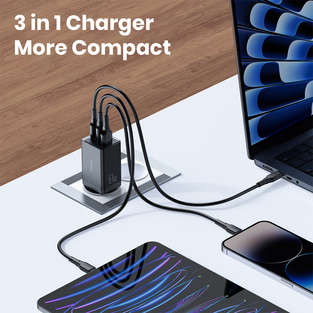 Mcdodo 67W GaN charger powers three devices simultaneously with USB-C and USB-A ports, offering a compact and efficient charging solution.