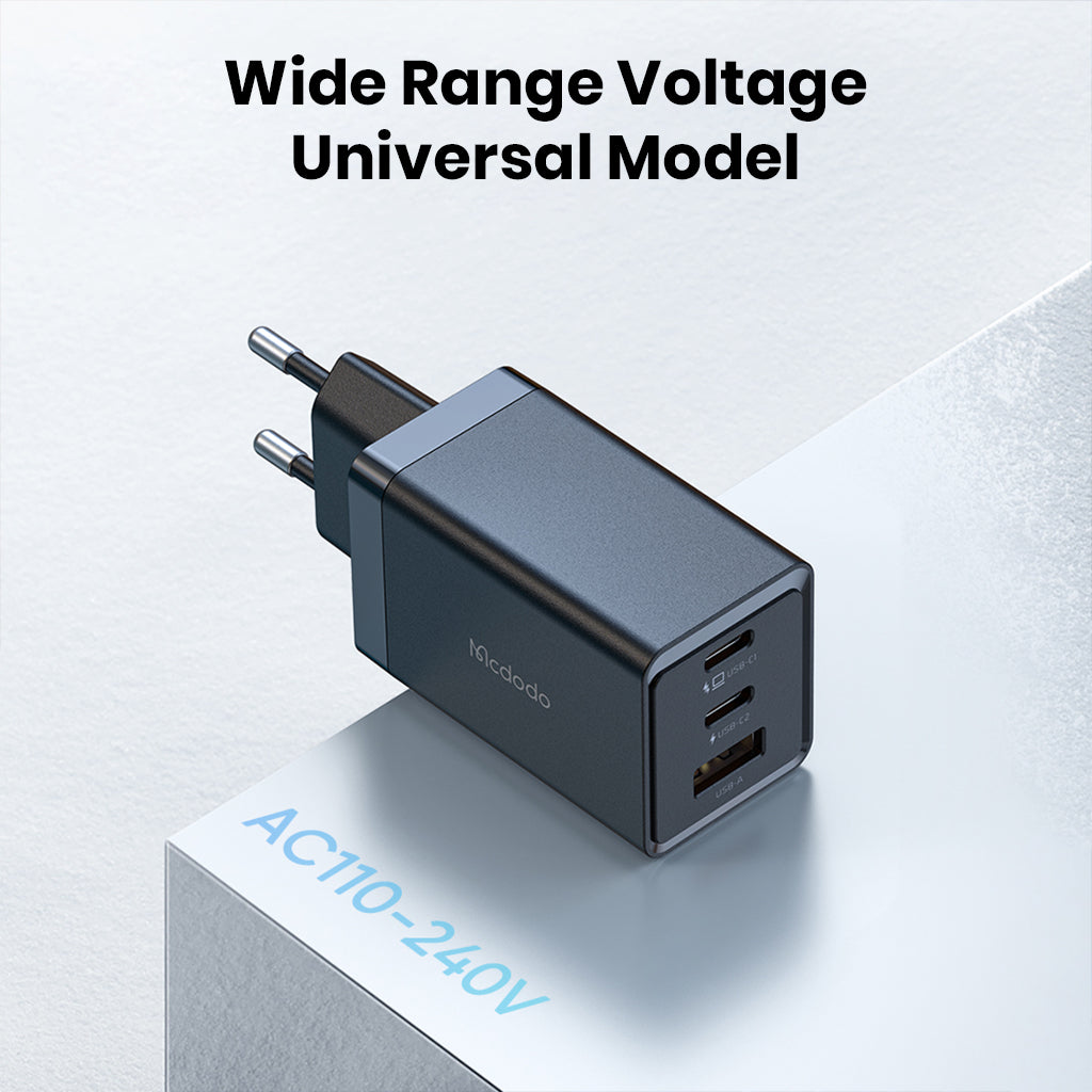 Mcdodo Gan Charger - 67W USB-C PD with wide voltage range AC110-240V, perfect for international use and fast charging efficiency.