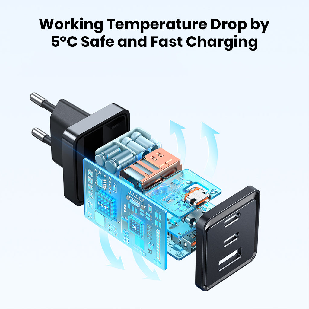Mcdodo 67W GaN charger internal circuit design with heat dissipation and safe fast charging, reducing working temperature by 5°C.