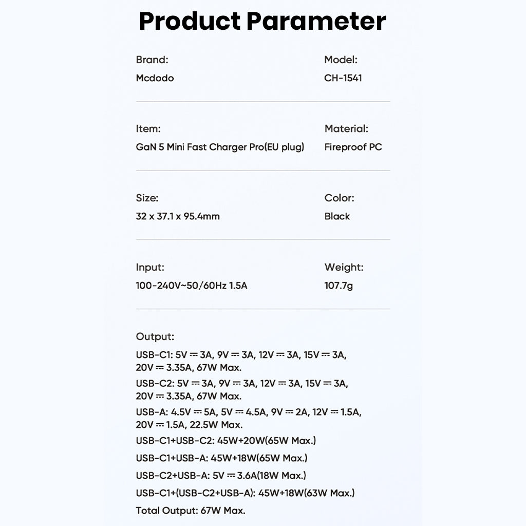 Mcdodo 67W GaN charger technical specifications including input/output, port configuration, and total power output for multiple devices.