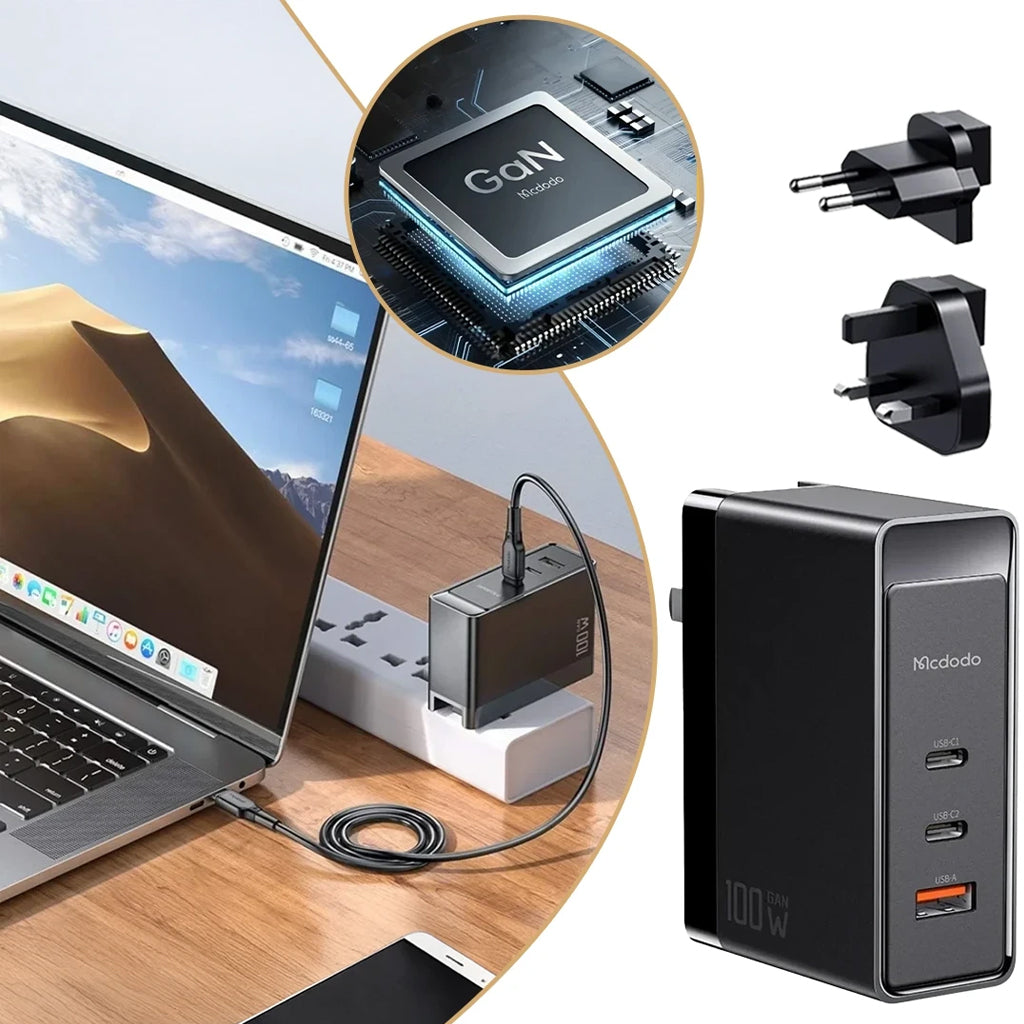 MCDODO 100W GaN charger in use with laptop and EU/UK plug adapters, showcasing high-speed charging and versatility.