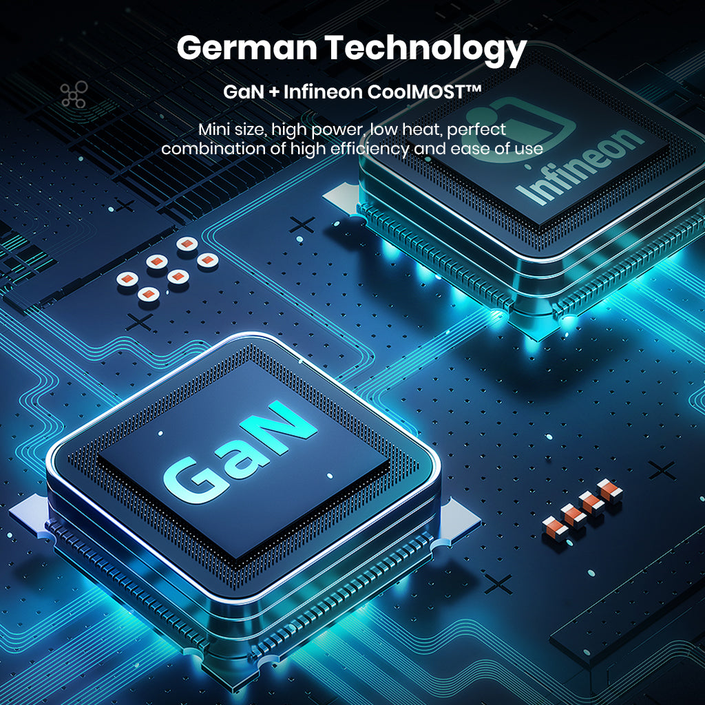 Close-up of GaN and Infineon CoolMOS chips in MCDODO 100W charger, emphasizing German technology and efficiency.