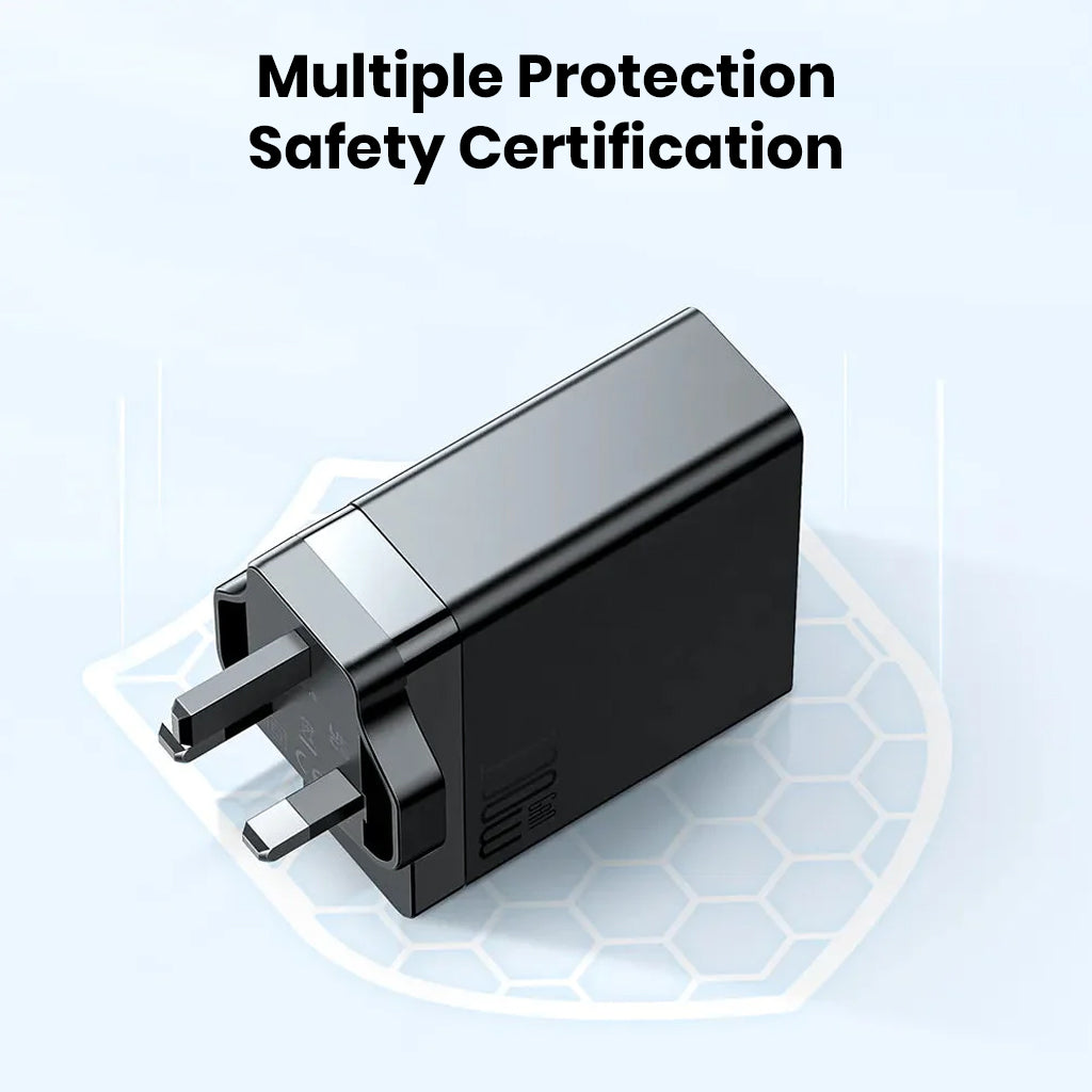 MCDODO 100W GaN charger with UK plug shown with safety certification and multiple protection features for secure charging.