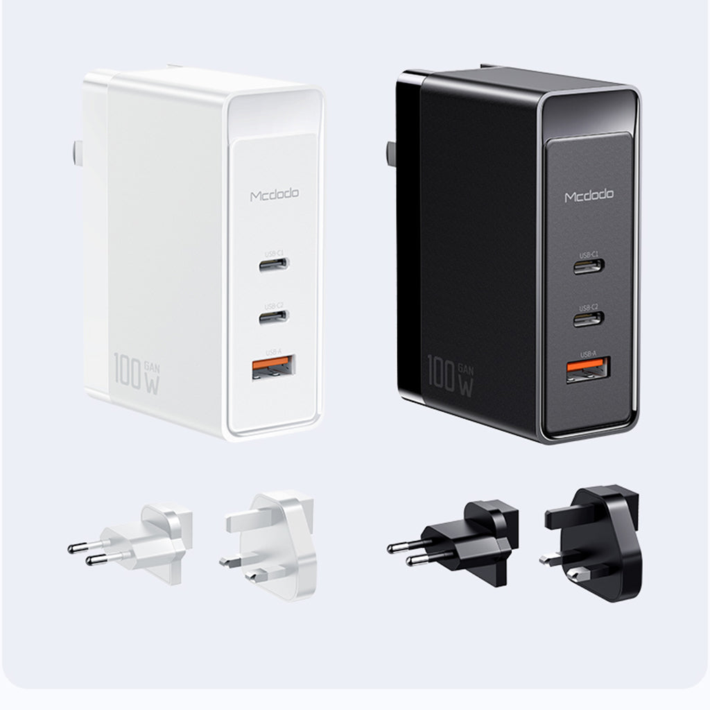 MCDODO 100W GaN charger available in black and white, includes EU and UK plug adapters for versatile use.