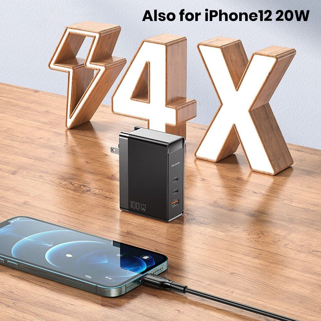 MCDODO 100W GaN charger charging an iPhone 12 at 20W, highlighting fast charging capability and multi-device support.