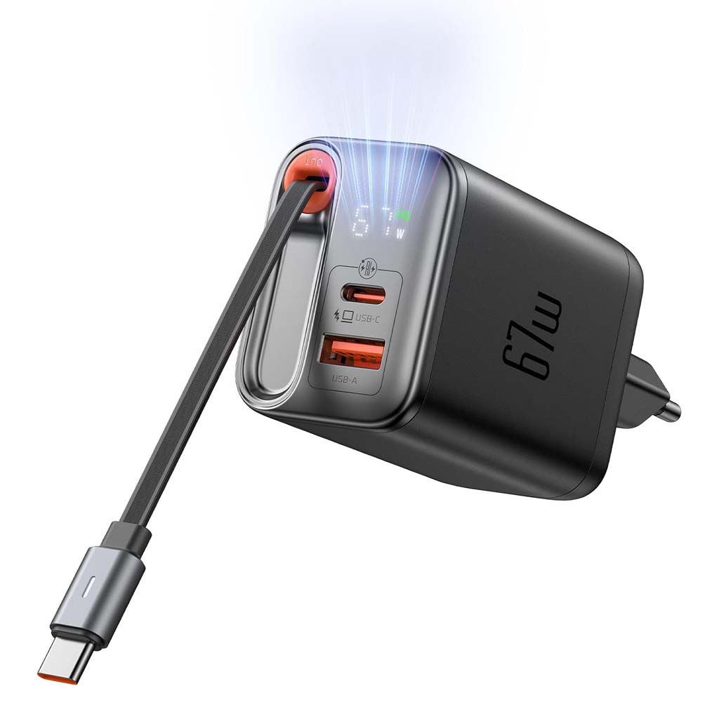Mcdodo 67W PD GaN Charger with Type-C retractable cable and LED display, ideal for fast charging multiple devices at once.