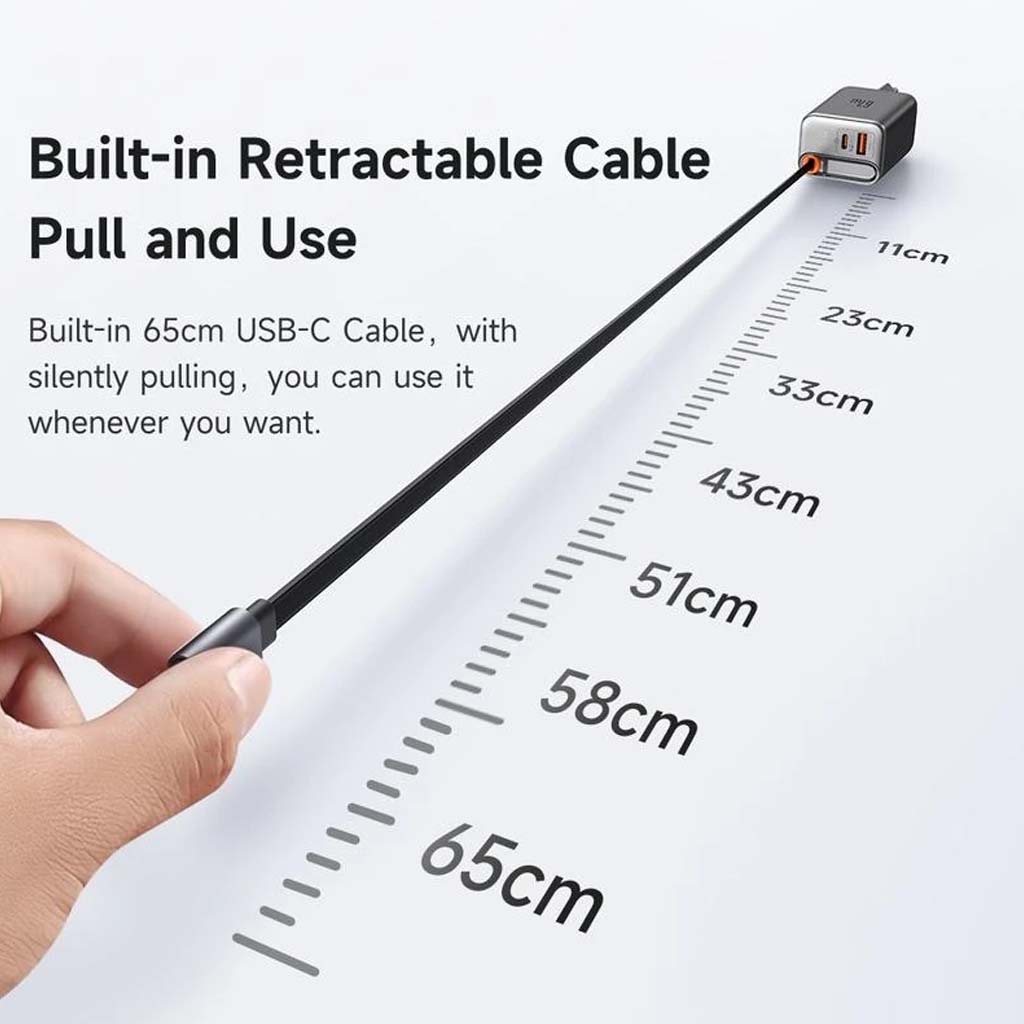 Mcdodo GaN Charger features a 65cm built-in retractable USB-C cable, offering flexible and silent pull-out for convenient charging.