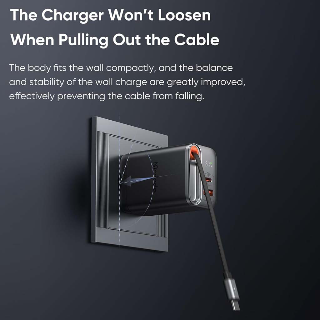 Mcdodo 67W GaN Charger fits securely in wall sockets, preventing cable loosening during use for stable charging performance.