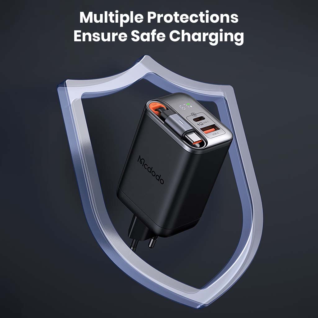 Mcdodo 67W GaN Charger includes multiple safety protections to ensure secure and reliable charging for all connected devices.