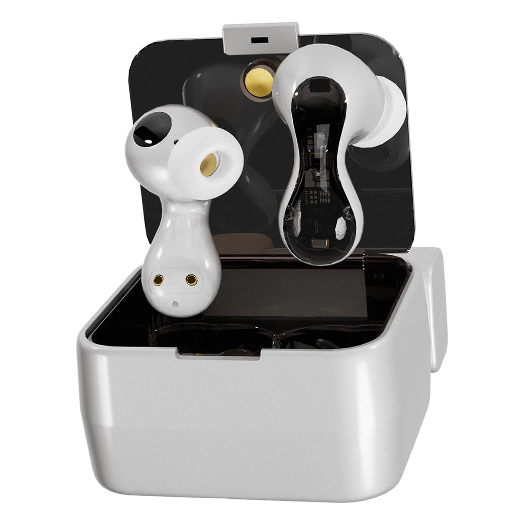 ND Pulsar TWS earbuds in white with open charging case, showcasing ergonomic design and transparent internal components.