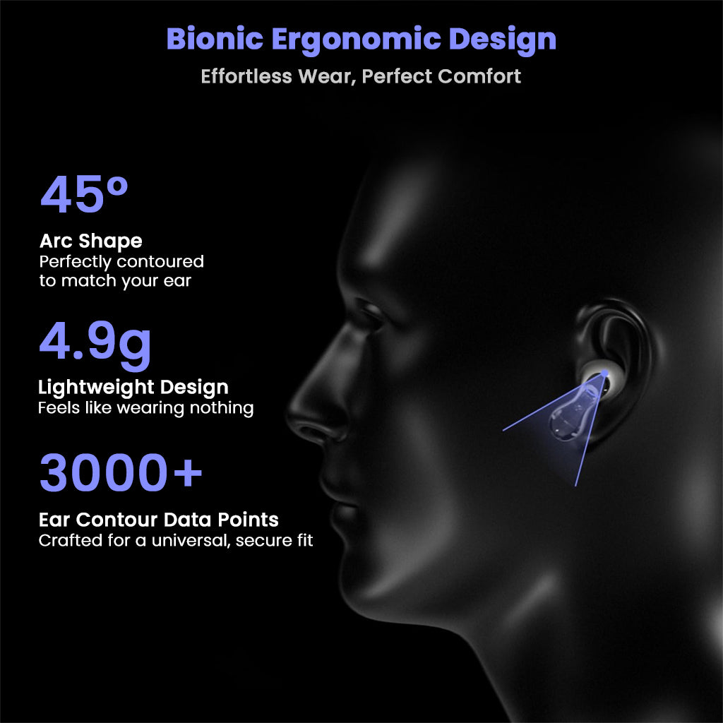 ND Pulsar ergonomic design with 45° arc shape and 4.9g weight, crafted using 3000+ ear contour data points for comfort.