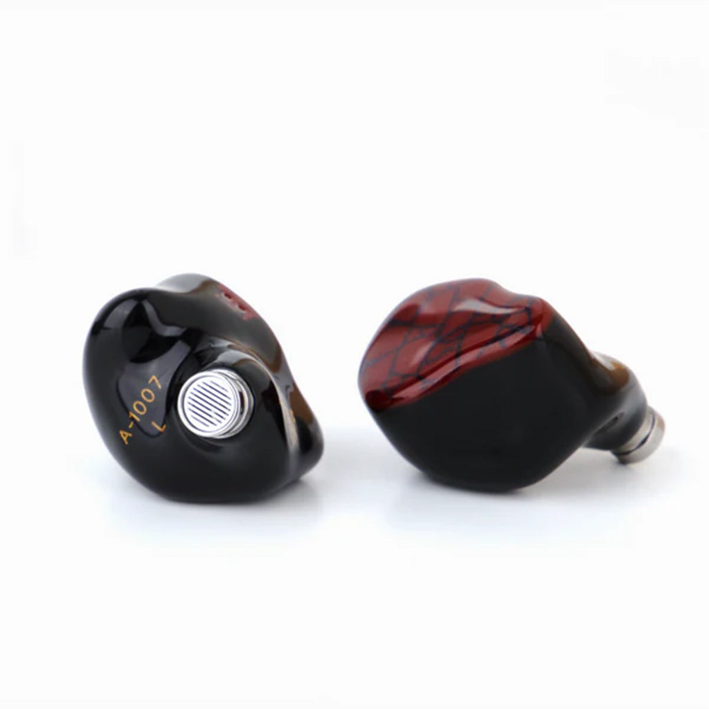 Punch Audio Martilo 1 IEM with dual dynamic, balanced armature, and planar drivers in glossy black and red shell for premium in-ear audio.