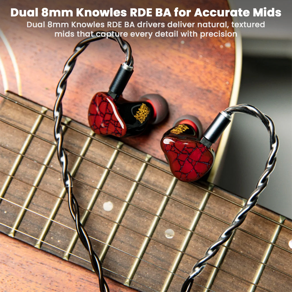 Punch Audio Martilo 1 IEM with dual 8mm Knowles RDE BA drivers shown on guitar strings, highlighting accurate mids and musical clarity.