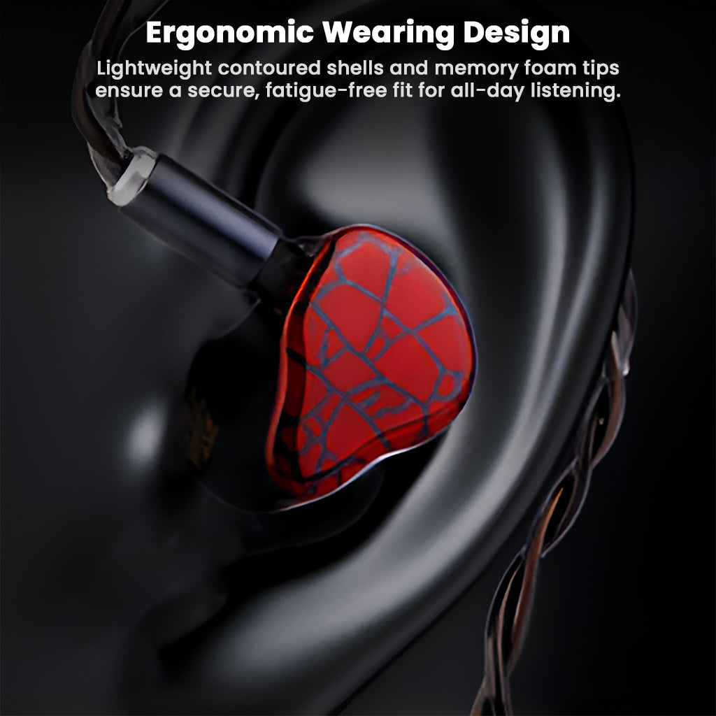 Ergonomic design of Punch Audio Martilo 1 IEM shown in ear with memory foam tips for secure, fatigue-free fit during extended listening.