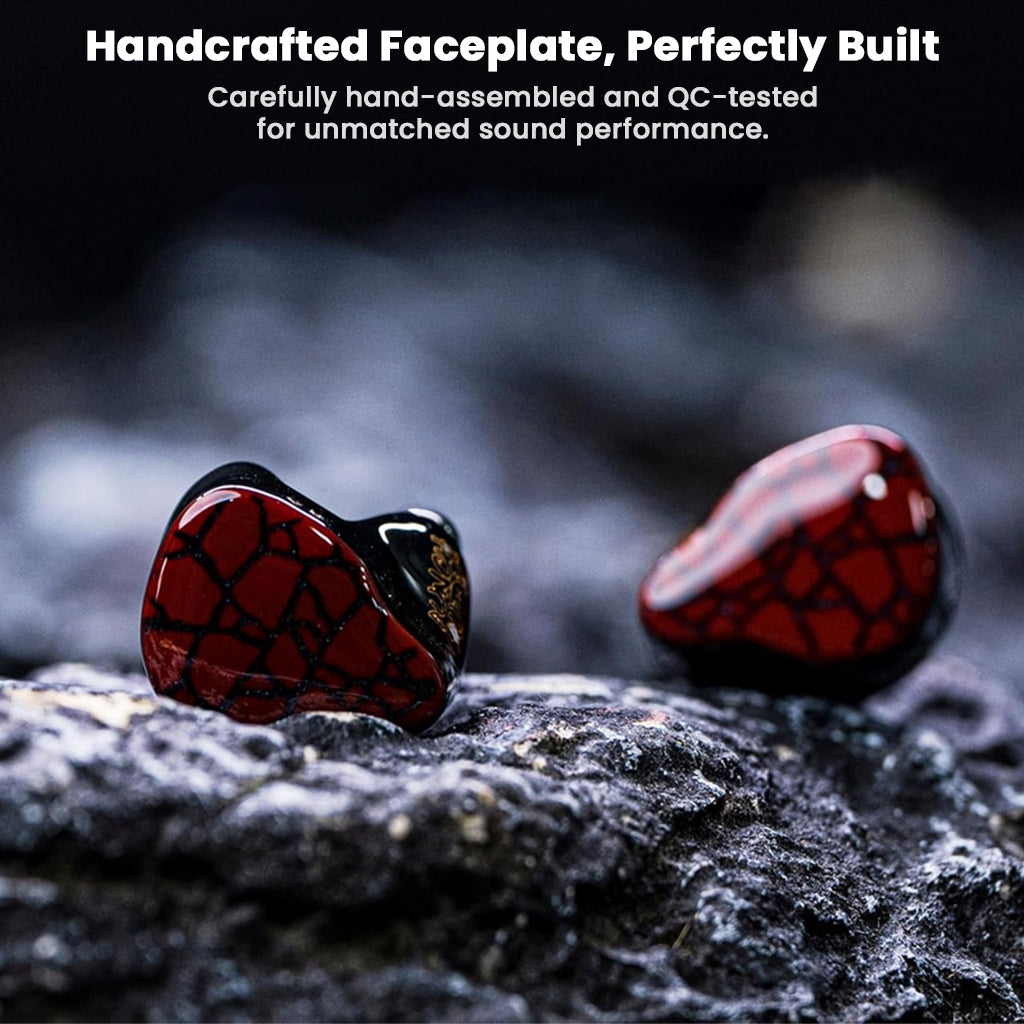 Handcrafted Punch Audio Martilo 1 IEM with glossy red faceplate on rocky surface, showcasing premium build and QC-tested performance.