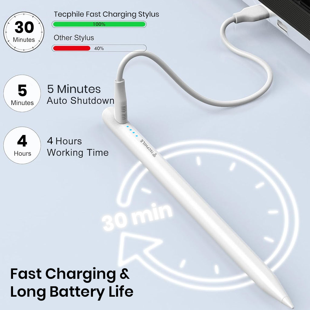 TECPHILE iPad stylus pen showing fast charging in 30 minutes, 4-hour battery life, and 5-minute auto shutdown feature.