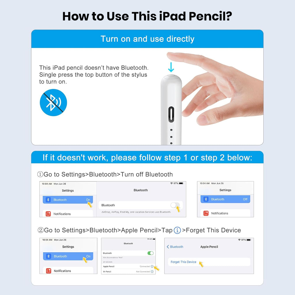 Instructions for using TECPHILE iPad Pencil without Bluetooth, with troubleshooting steps for connectivity issues.