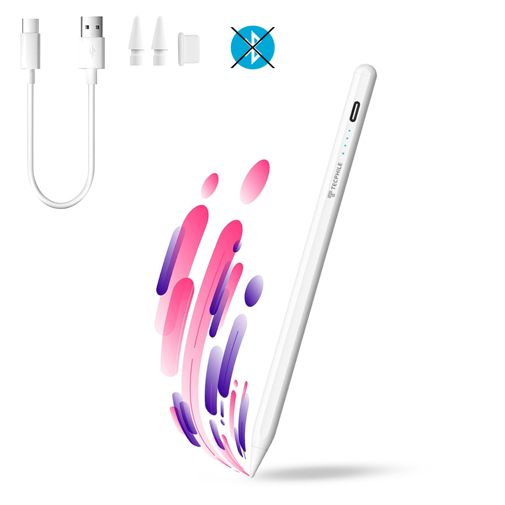 iPad Pencil TECPHILE - Stylus Pen with fast charge and non-Bluetooth, zero delay, and colorful digital stroke effect; includes USB cable and extra tips.