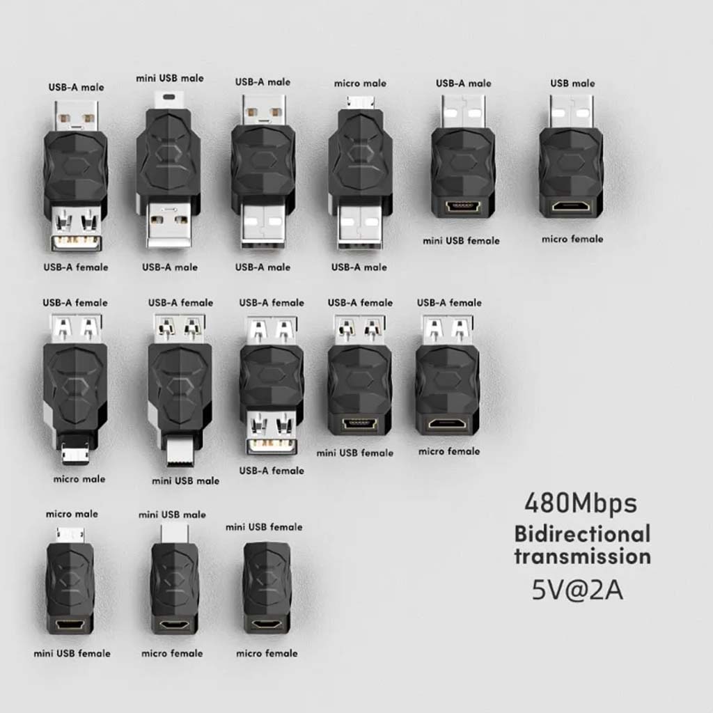 TECPHILE 14-in-1 USB Micro OTG Adapter Set with labeled connectors and 480Mbps bidirectional transmission for fast charging and data transfer.